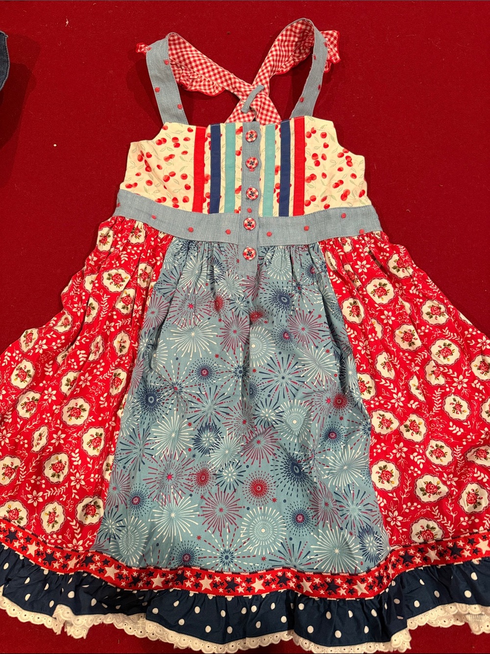 Matilda Jane Girls Red & Blue Patchwork Knot Sundress with Firework Print